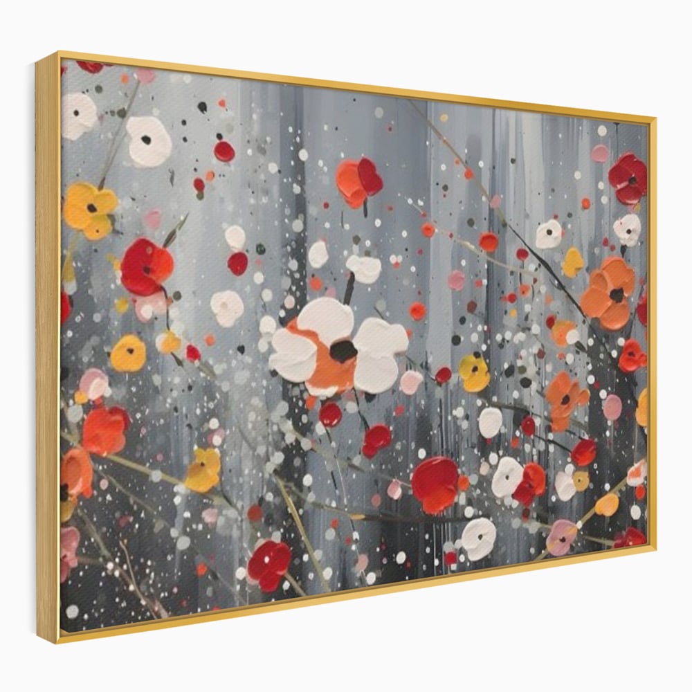Tablou canvas cu pictura abstracta cu flori si stropi, in rama de aluminiu auriu